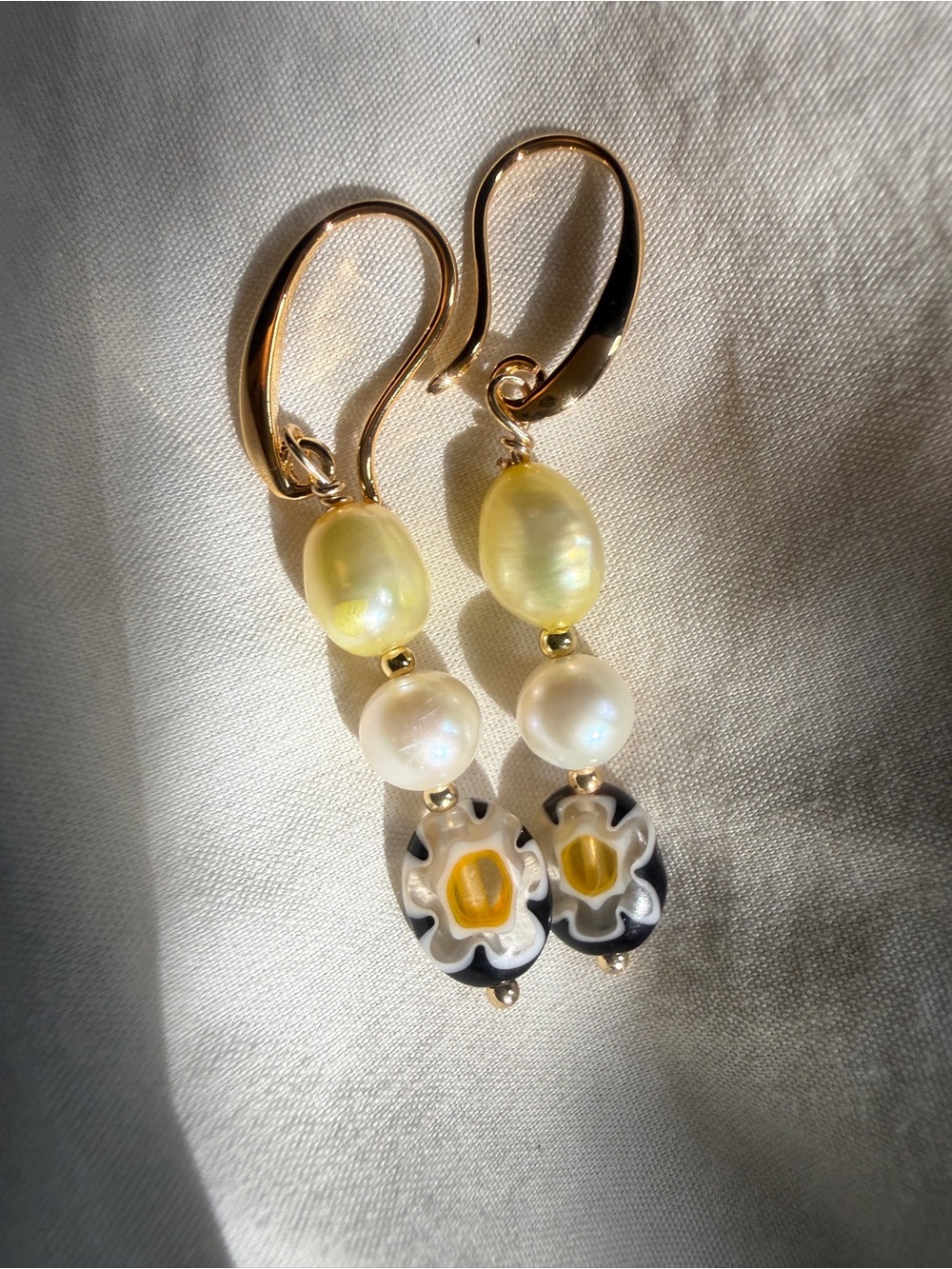 Gold Drop Earrings with Yellow Pearl and Floral Glass Beads